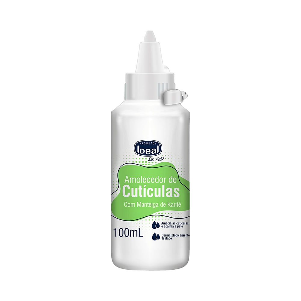 Frasco branco do Amolecedor de Cutículas Ideal com Óleo de Abacate em fundo claro.